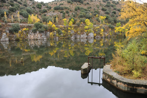 Fluss Duero mit Pappeln im Herbst, Spanien