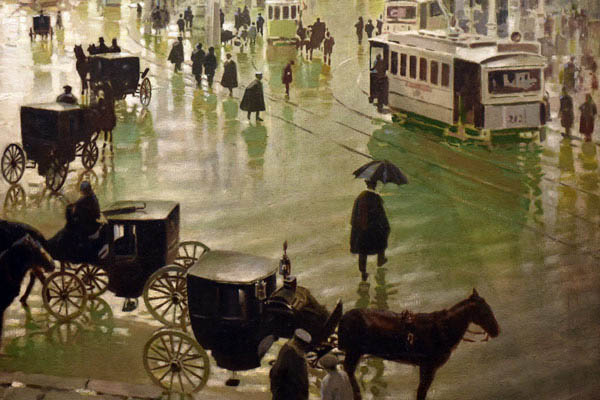 Puerta del Sol um 1900. Straßenbahnen und Pferdekutschen auf einem Ölgemälde
