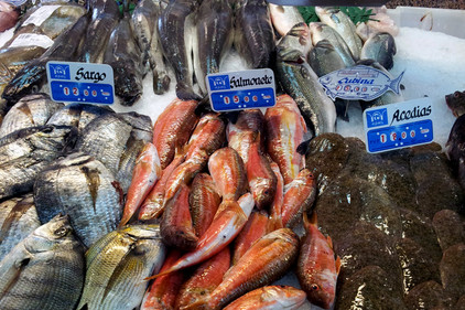 Fischstand mit Barsch und Brassen Fischstand