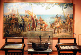 Spanier treffen auf Ureinwohner Amerikas, Bild im Museo Naval