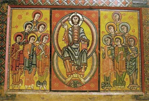 Fresko aus La Seu d Úrgell, Foto: Tobias Büscher Dreiteiliges Fresko mit Jesusmotiv