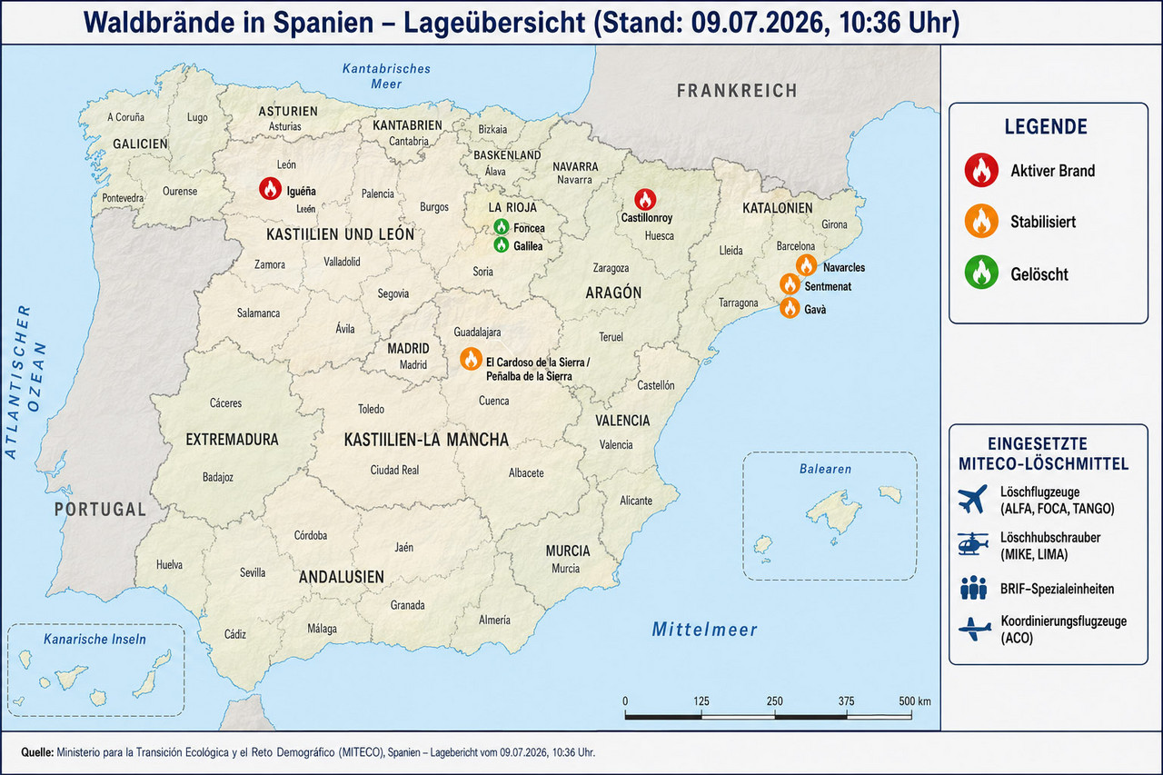 Karte mit den Brandherden in Spanien Karte mit den Brandherden in Spanien