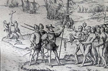 Zeichnung von der Landung Kolumbus in Amerika