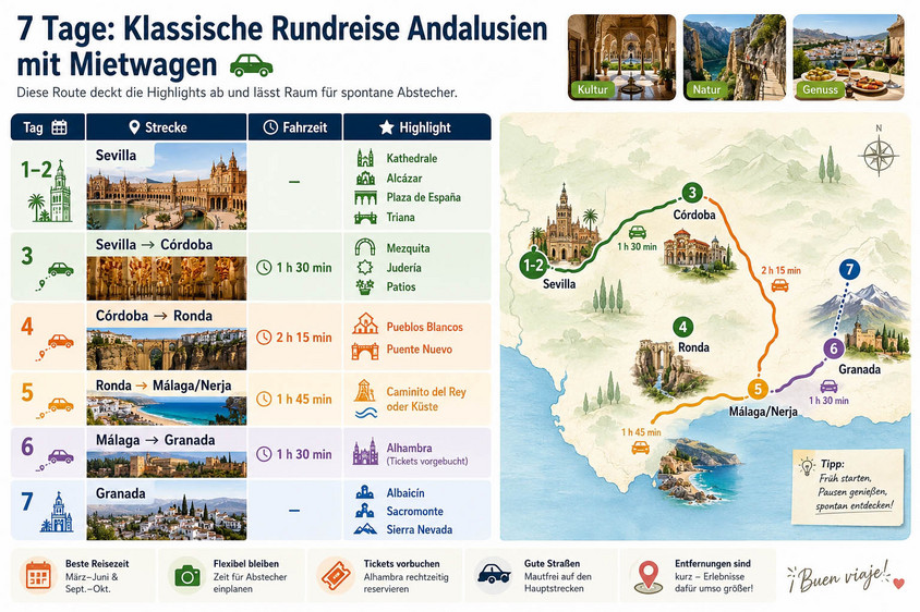Routen durch Andalusien. Graphik Alexander Gresbek Andalusien-Rundreise